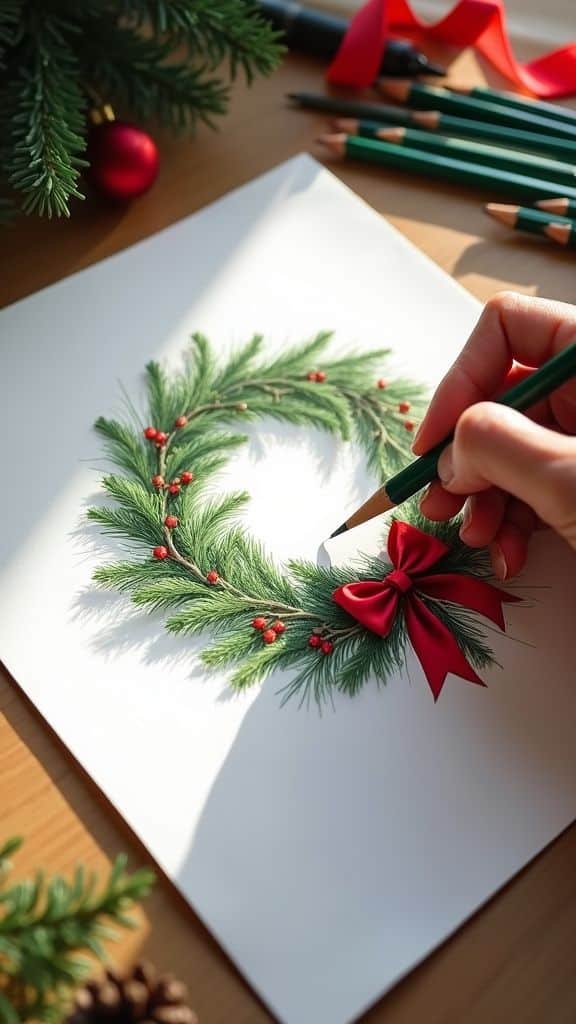 How to Sketch Christmas Scenes for Cards and Decor Hand drawing festive Christmas wreath with red bow and berries on paper, surrounded by art supplies. | Sky Rye Design Hand drawing festive Christmas wreath with red bow and berries on paper, surrounded by art supplies.