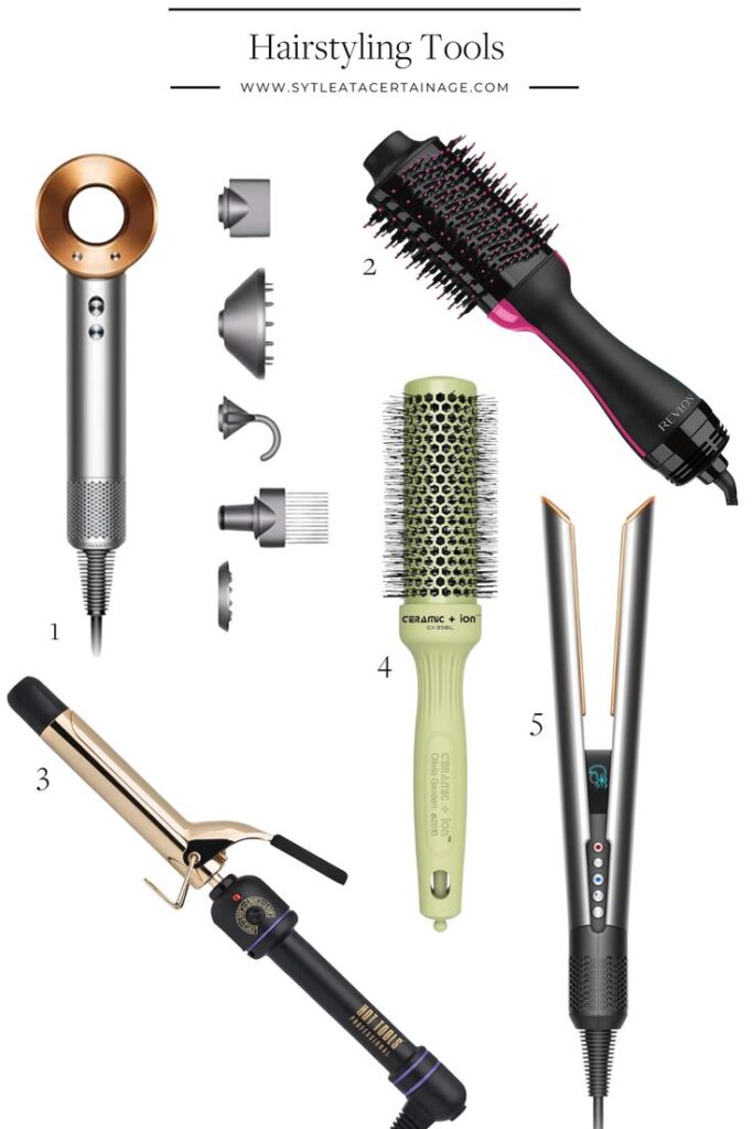 Various hairstyling tools including a hair dryer, hot brush, curling iron, round brush, and flat iron.