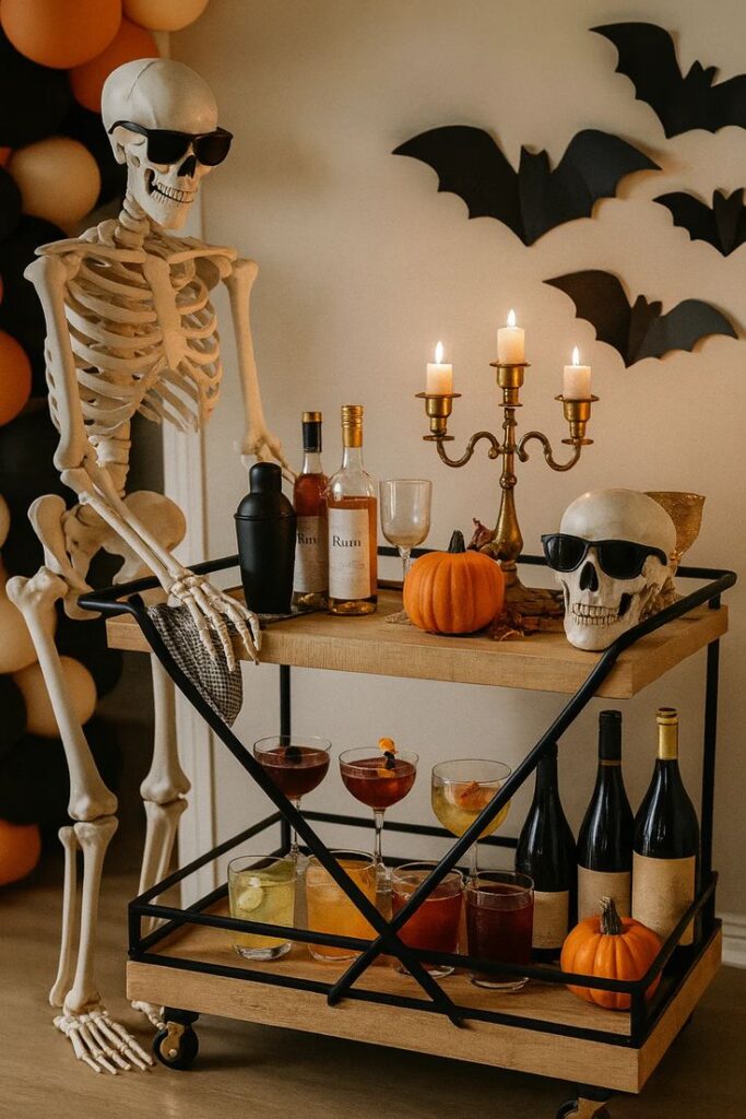 Skeleton hosting a Halloween-themed drinks cart with pumpkins, candles, and glasses. Spooky and festive decor.