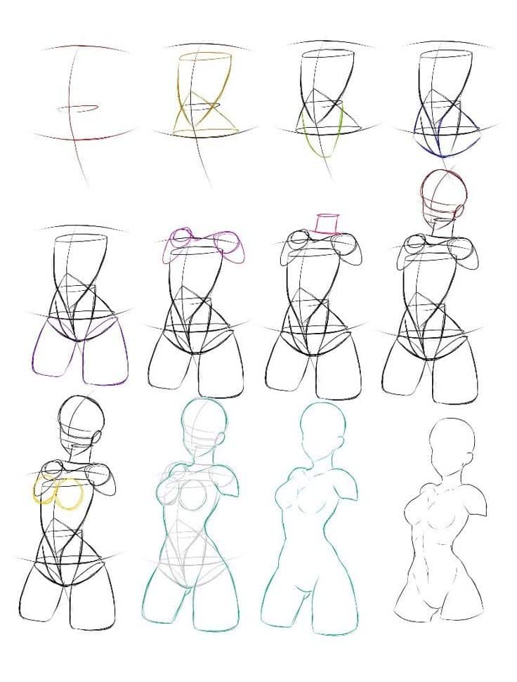 Step-by-step female anatomy drawing tutorial with guidelines and figure progression.
