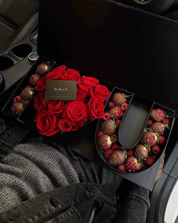 I Love You Chocolate Strawberry and Rose Box - Valentines Day Gift Ideas ❤️🍓 Luxurious gift box with red roses and chocolate-covered strawberries in car seat. Perfect romantic surprise. | Sky Rye Design Luxurious gift box with red roses and chocolate-covered strawberries in car seat. Perfect romantic surprise.
