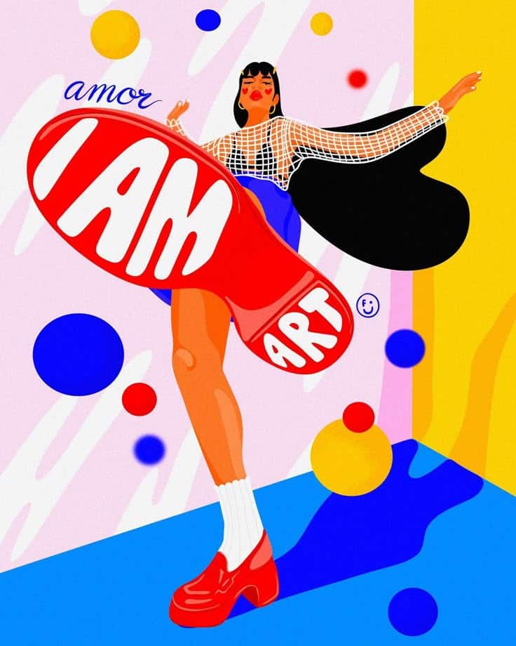 Illustration of a stylish woman with bold colors, large shoe saying I Am Art, and playful geometric background.