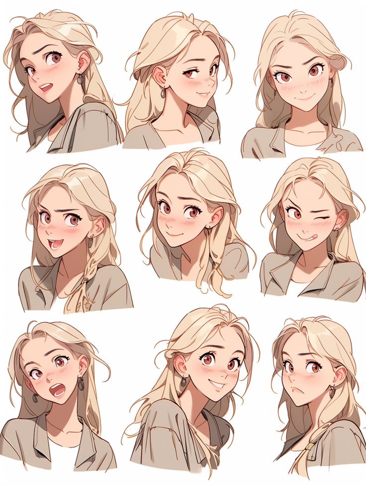 Nine anime-style illustrations of a blonde character showing different facial expressions.