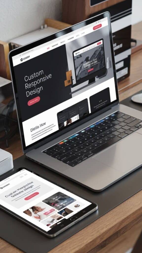 Laptop and tablet displaying custom responsive web design on a desk, showcasing digital project adaptability.