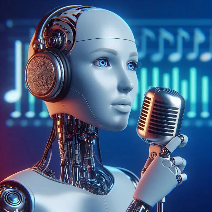 I will create ai song cover using your voice AI robot singing with headphones and microphone, digital bars and music notes in background. | Sky Rye Design AI robot singing with headphones and microphone, digital bars and music notes in background.