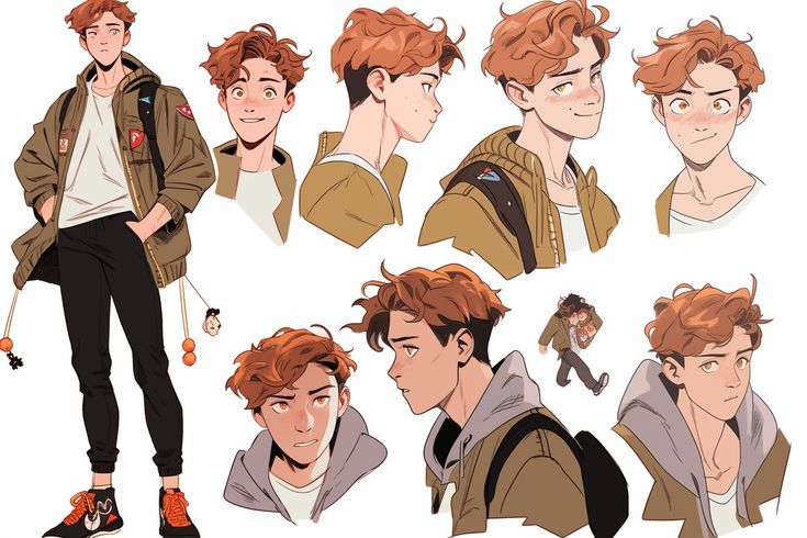 Animated character with red hair in various poses and expressions, wearing casual streetwear with a jacket and sneakers.