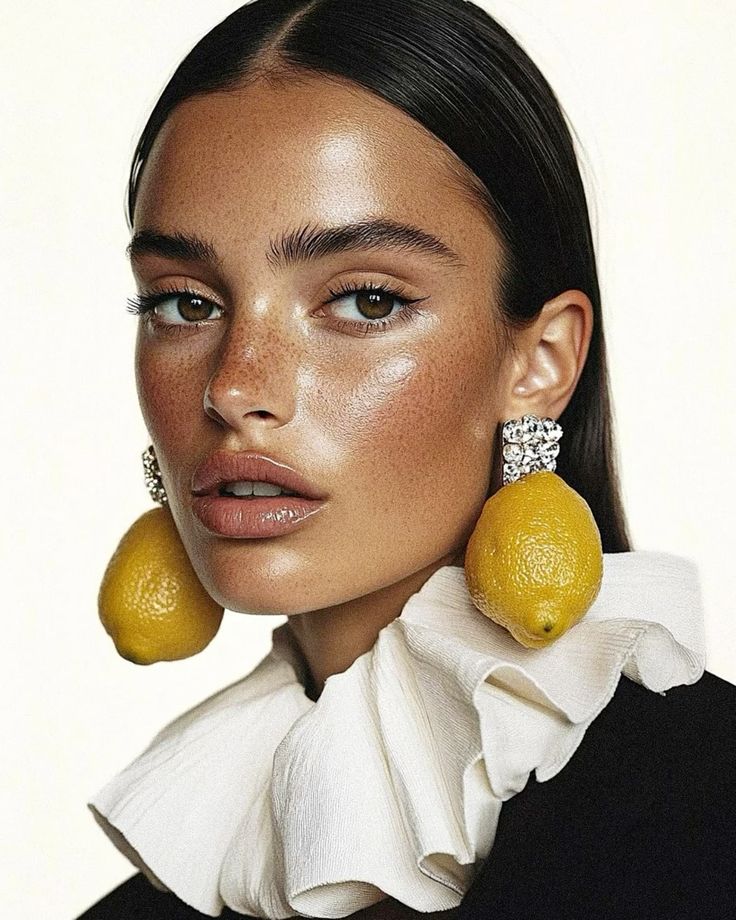 Fashion model with lemon earrings, elegant ruffled collar, bold makeup, glossy skin, and sleek hairstyle.