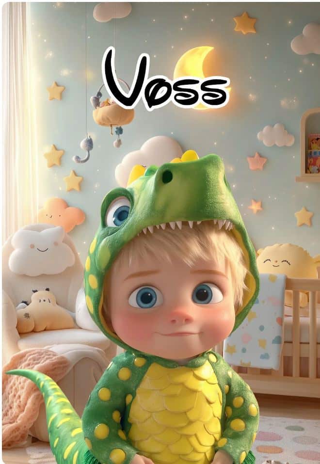 IMAGE 2025-09-29 124330 Cute baby in a dinosaur costume sitting in a starry, moon-themed nursery room. | Sky Rye Design Cute baby in a dinosaur costume sitting in a starry, moon-themed nursery room.