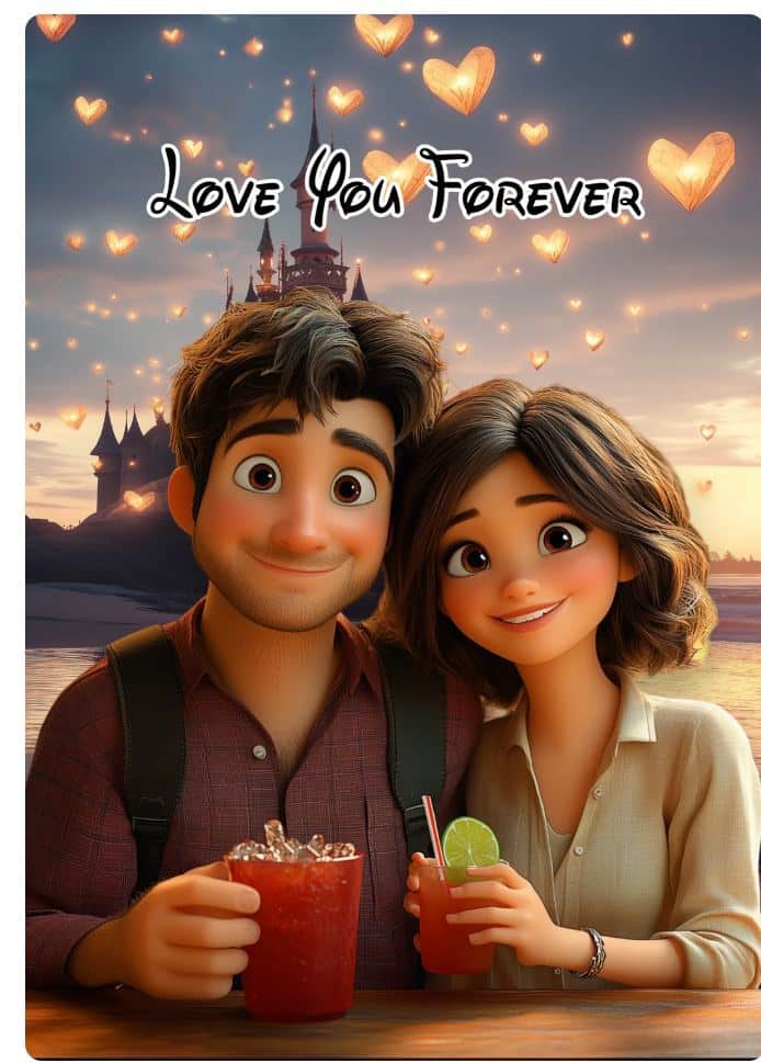 IMAGE 2025-09-29 124334 Cartoon couple enjoying drinks with a castle backdrop and glowing hearts, text reads Love You Forever. | Sky Rye Design Cartoon couple enjoying drinks with a castle backdrop and glowing hearts, text reads Love You Forever.
