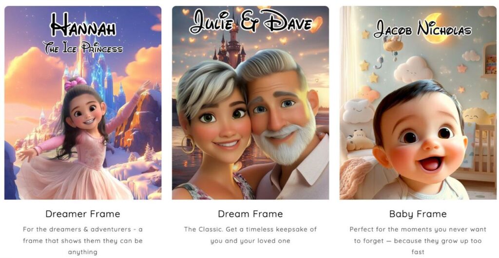 IMAGE 2025-09-29 124335 Three animated frames: Ice princess, couple by a castle, and baby with stars and clouds decor. Dreamer, Dream, Baby Frame. | Sky Rye Design Three animated frames: Ice princess, couple by a castle, and baby with stars and clouds decor. Dreamer, Dream, Baby Frame.