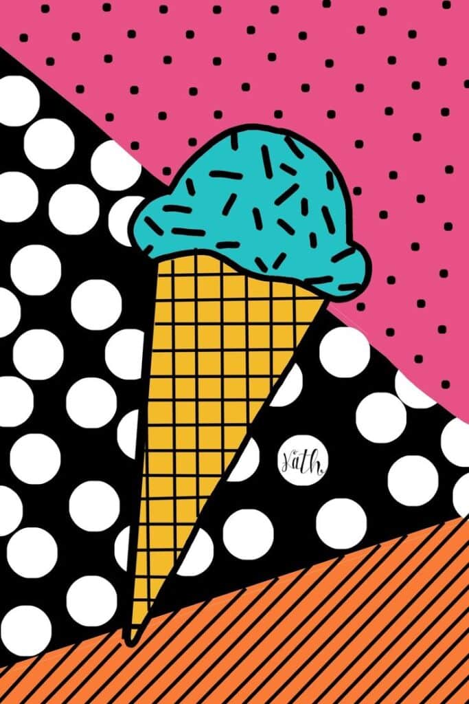 Colorful pop art style ice cream cone with patterns of dots and stripes.