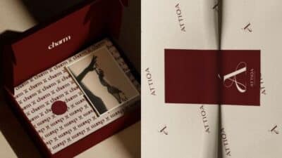 Elegant packaging with charm branding on left, sleek design with ATTIOA logo on right.