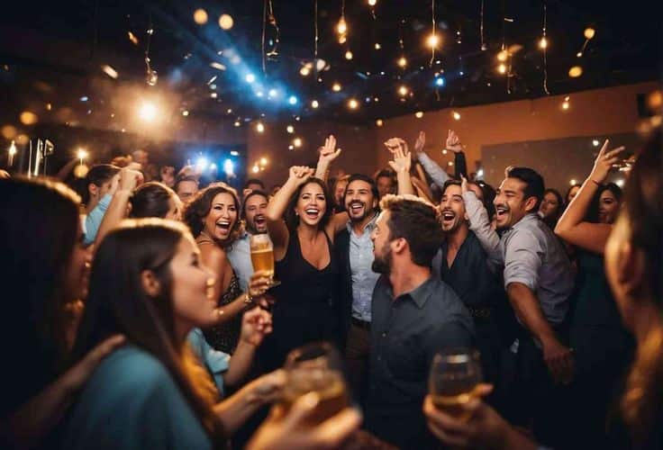 Lively crowd celebrating at a party with drinks, under warm string lights in a festive atmosphere.
