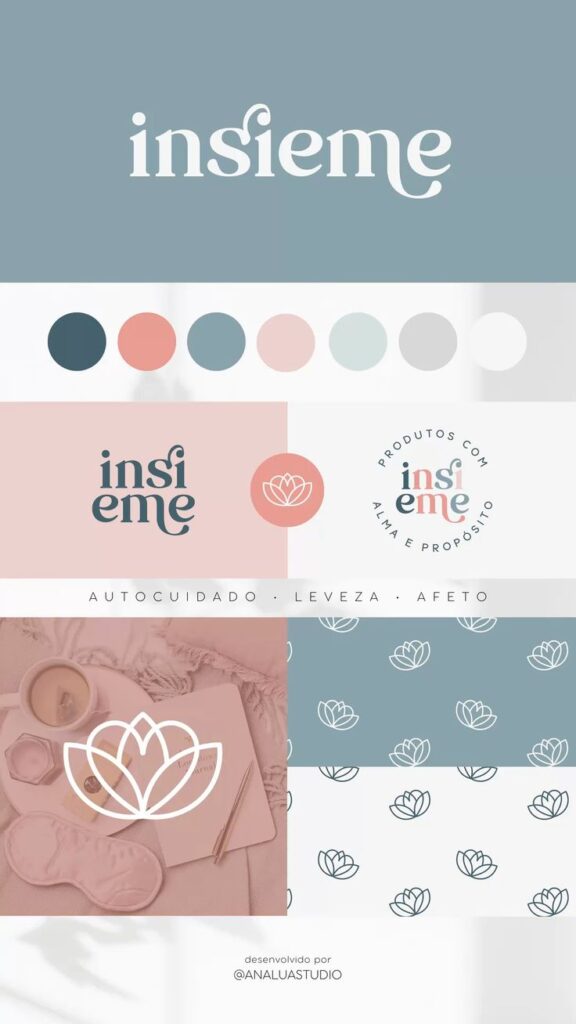 Calm branding design for insieme with logos, pastel color palette, and self-care theme.