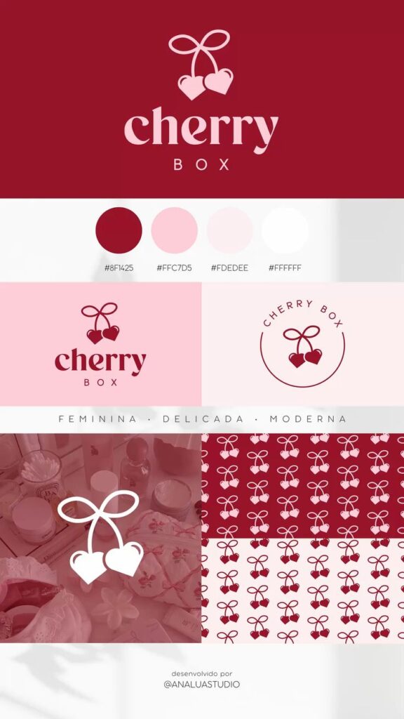 Cherry Box brand design with logo, color scheme, and pattern. Feminine, delicate, modern aesthetic by Analua Studio.
