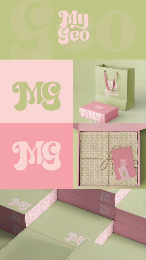 Stylish My Geo branding on pastel packaging, including boxes and bags with retro typography design.