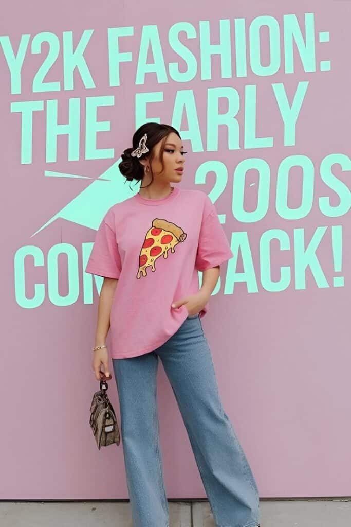 Y2K fashion comeback: person in pink pizza t-shirt and jeans in front of 2000s style sign.