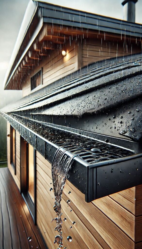 Rainwater cascading off a modern house roof, flowing through a gutter on a rainy day.
