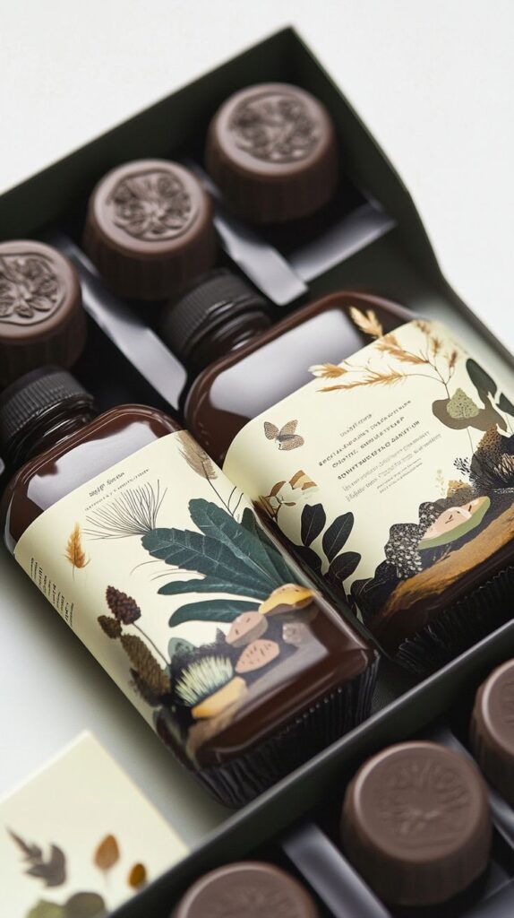 Herbal skincare bottles with botanical designs alongside embossed round containers in a box.
