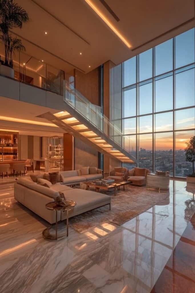 Luxurious modern living room with high ceilings, large windows, elegant furniture, and a stunning city view at sunset.