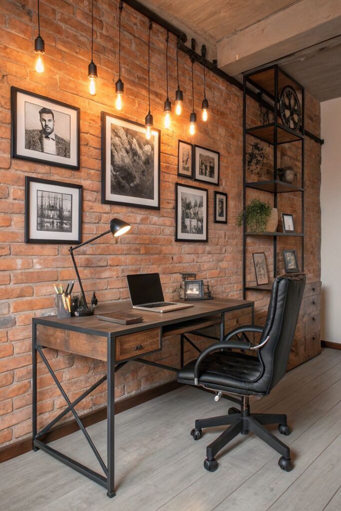 Industrial Chic Office_ Exposed Brick Metal-Wood Desk 🔧 Industrial home office with brick walls, mid-century desk, leather chair, and gallery wall under vintage Edison bulb lighting. | Sky Rye Design Industrial home office with brick walls, mid-century desk, leather chair, and gallery wall under vintage Edison bulb lighting.