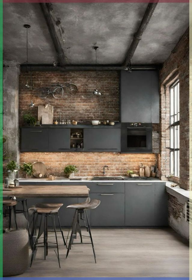 Industrial kitchen with brick walls, dark cabinets, wooden stools, and modern lighting.