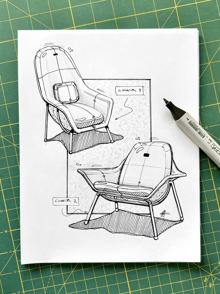 Industrial design chair sketch Hand-drawn sketches of two modern chair designs on a cutting mat with a black marker. | Sky Rye Design Hand-drawn sketches of two modern chair designs on a cutting mat with a black marker.