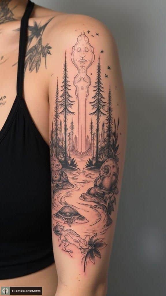 Arm tattoo featuring a mystical forest scene with trees, a flowing river, and abstract figures.