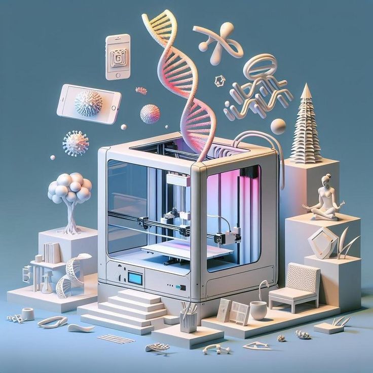 Futuristic 3D printer with DNA helix, tech icons, and abstract designs representing innovation and creativity.