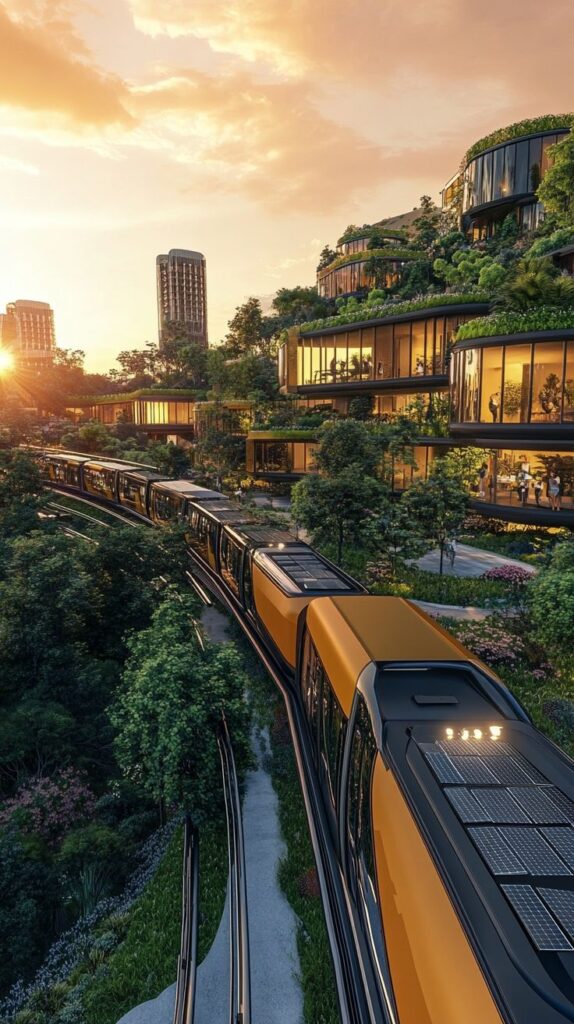 Futuristic urban landscape with eco-friendly train passing through lush greenery and modern buildings at sunset.
