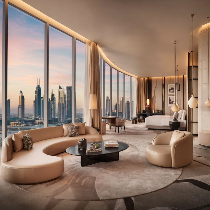 Inside the Armani Hotel_ A World of Luxury Elegance Luxurious hotel room with panoramic city view, elegant decor, modern furniture, and large windows at sunset. | Sky Rye Design Luxurious hotel room with panoramic city view, elegant decor, modern furniture, and large windows at sunset.