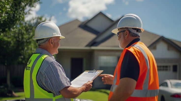 Construction workers with hard hats discuss plans outside a residential building.