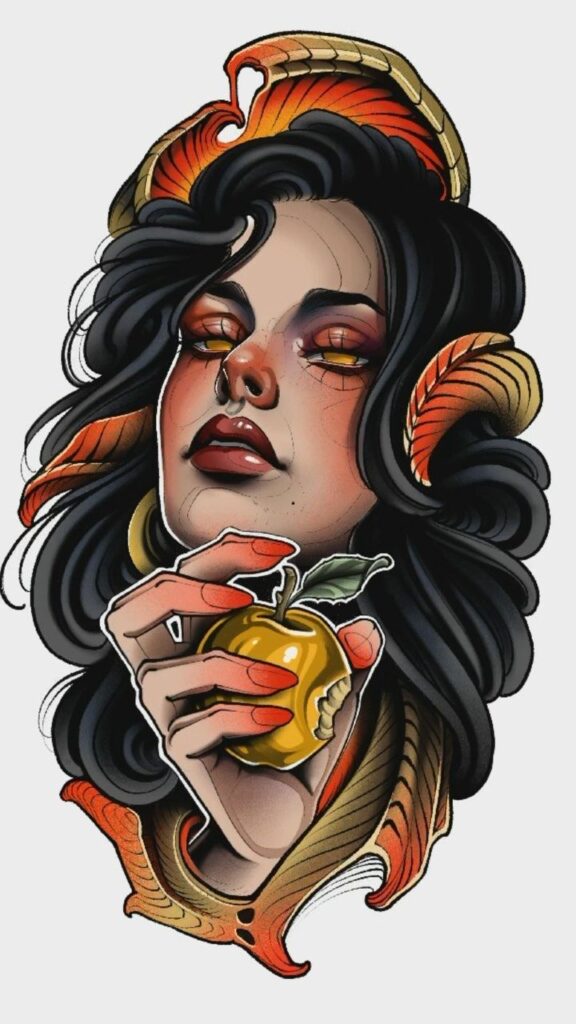 Tattoo art of a woman with dark hair, holding a golden apple, adorned with vibrant red and orange details.