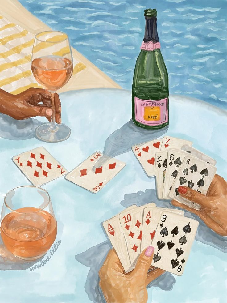 People playing cards by the pool with rose wine and champagne bottle, enjoying a sunny day.