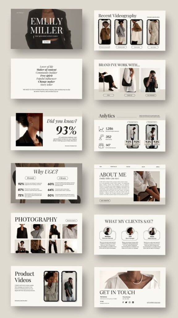 Emily Miller portfolio showcasing user-generated content creator services with analytics and client testimonials.