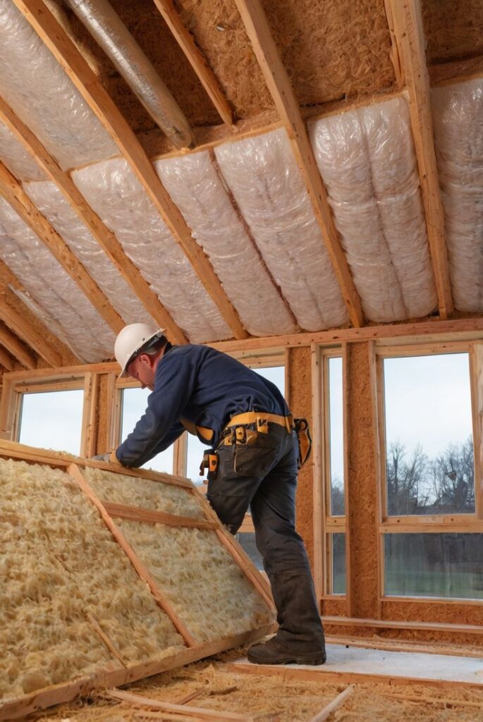 Worker installing insulation in attic for better energy efficiency.