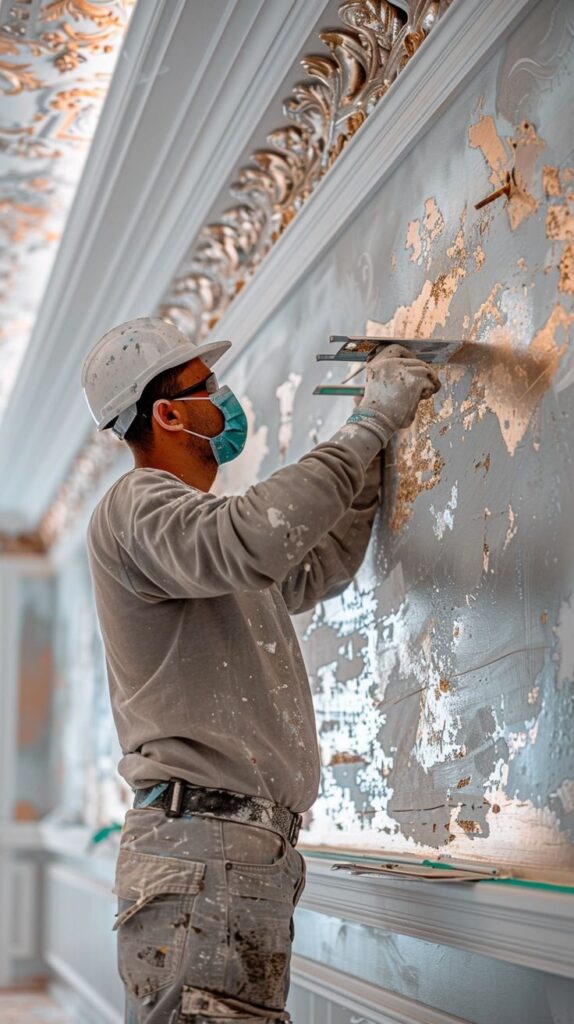 Worker in safety gear plastering an ornate wall, focused on restoration details.
