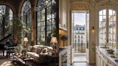 Luxurious interior with large windows, elegant living room and kitchen, grand piano, city view.