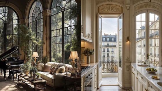 Interior architecture trends Luxurious interior with large windows, elegant living room and kitchen, grand piano, city view. | Sky Rye Design Luxurious interior with large windows, elegant living room and kitchen, grand piano, city view.