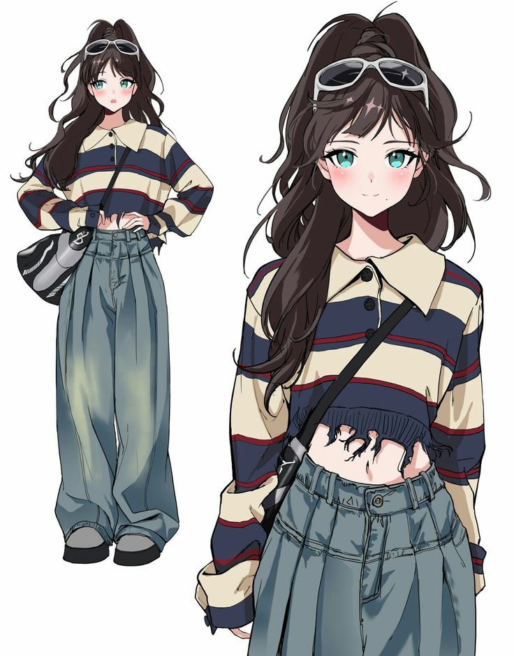 JIMCHII Anime girl in striped sweater and jeans, with high ponytail and sunglasses, carrying a black bag. Stylish fashion illustration. | Sky Rye Design Anime girl in striped sweater and jeans, with high ponytail and sunglasses, carrying a black bag. Stylish fashion illustration.