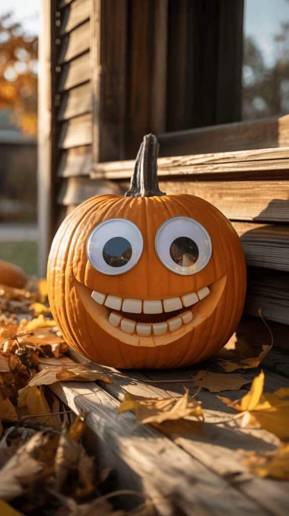 Googly-eyed pumpkin with a big smile on wooden steps, surrounded by autumn leaves in sunny fall setting.