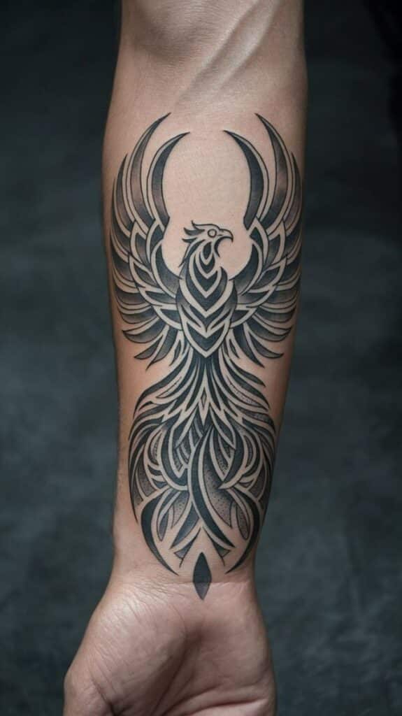 Phoenix tattoo design on a forearm with intricate black patterns and bold lines.