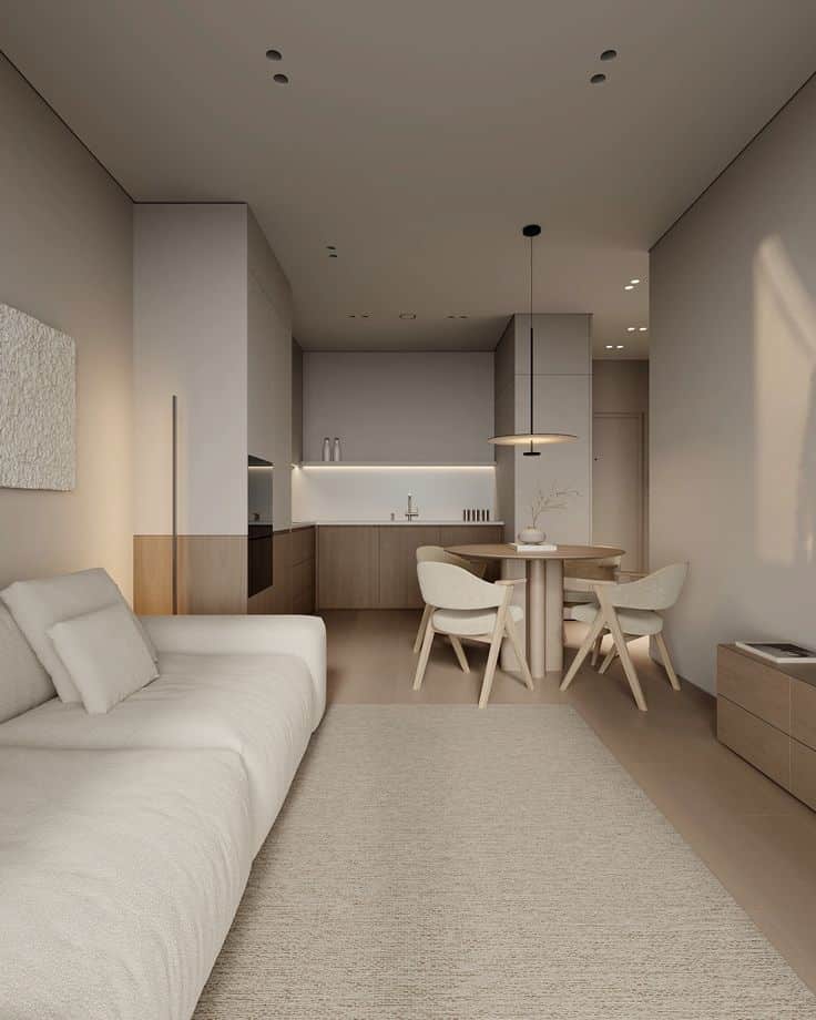 Modern minimalist living room with beige sofa, wooden dining set, and sleek kitchen design. Neutral tones and soft lighting.