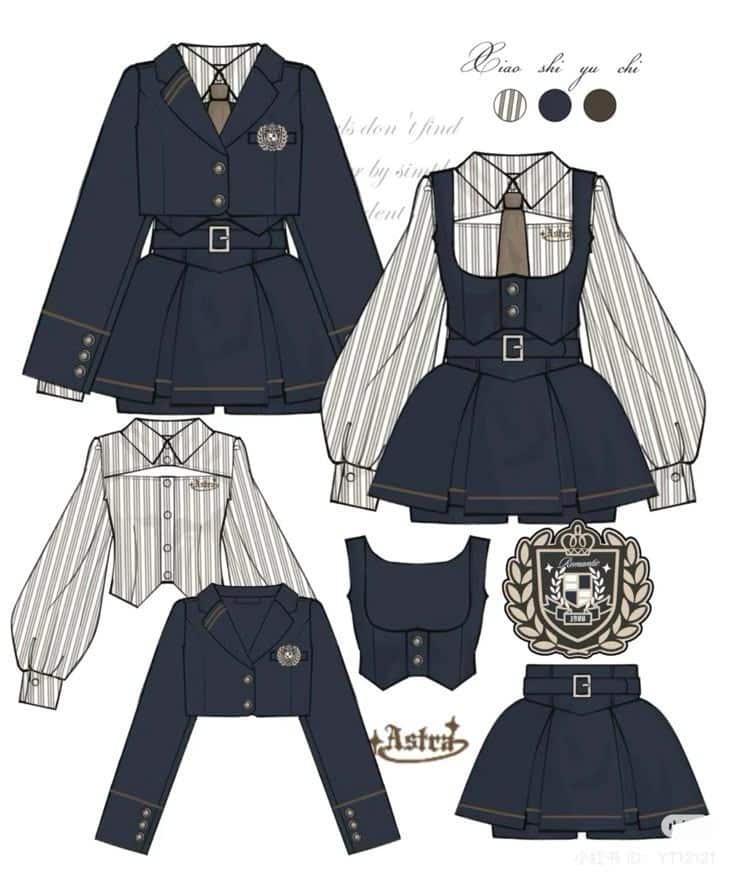LUNAIRE Sketchbook _ Dreams Details ⟡ Illustrated navy and stripe school uniform set with blazer, tie, skirt, vest, and emblem. Fashion design concept. | Sky Rye Design Illustrated navy and stripe school uniform set with blazer, tie, skirt, vest, and emblem. Fashion design concept.