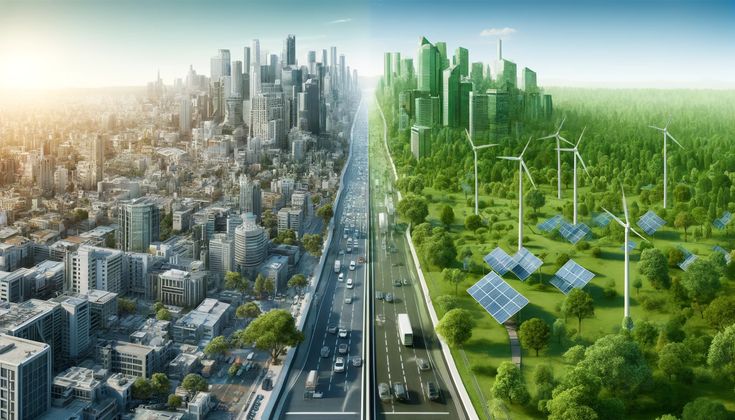 Cityscape split into urban and green sustainable environments with solar panels, wind turbines, and greenery.