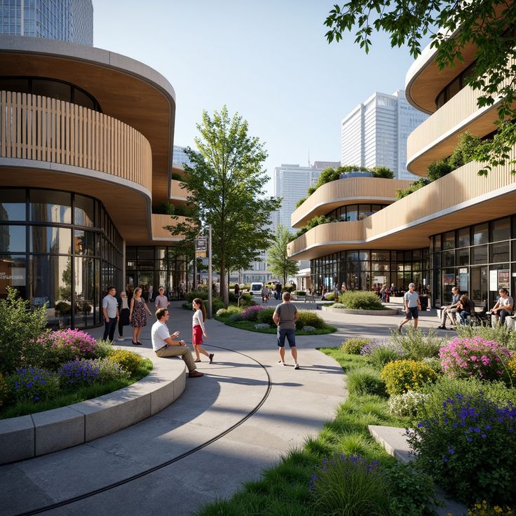 Modern urban plaza with curved buildings, lush greenery, and people enjoying the outdoor space on a sunny day.