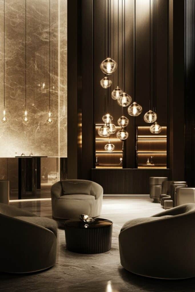 Luxurious modern lounge with elegant lighting and contemporary furniture, creating a warm and inviting atmosphere.
