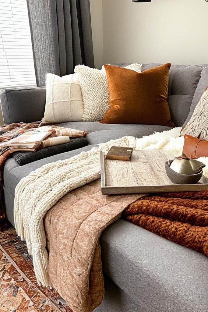 Cozy living room sofa with brown and white cushions, blankets, and a wooden tray for a warm, inviting ambiance.