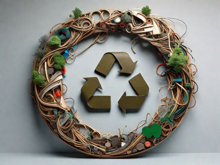 Creative recycling symbol framed by eco-friendly materials, promoting sustainability and green living.