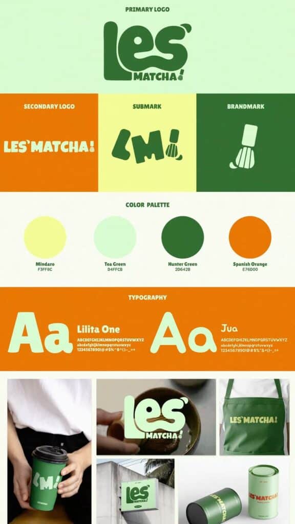 Les' Matcha brand identity board featuring logos, color palette, typography, and product packaging design elements.